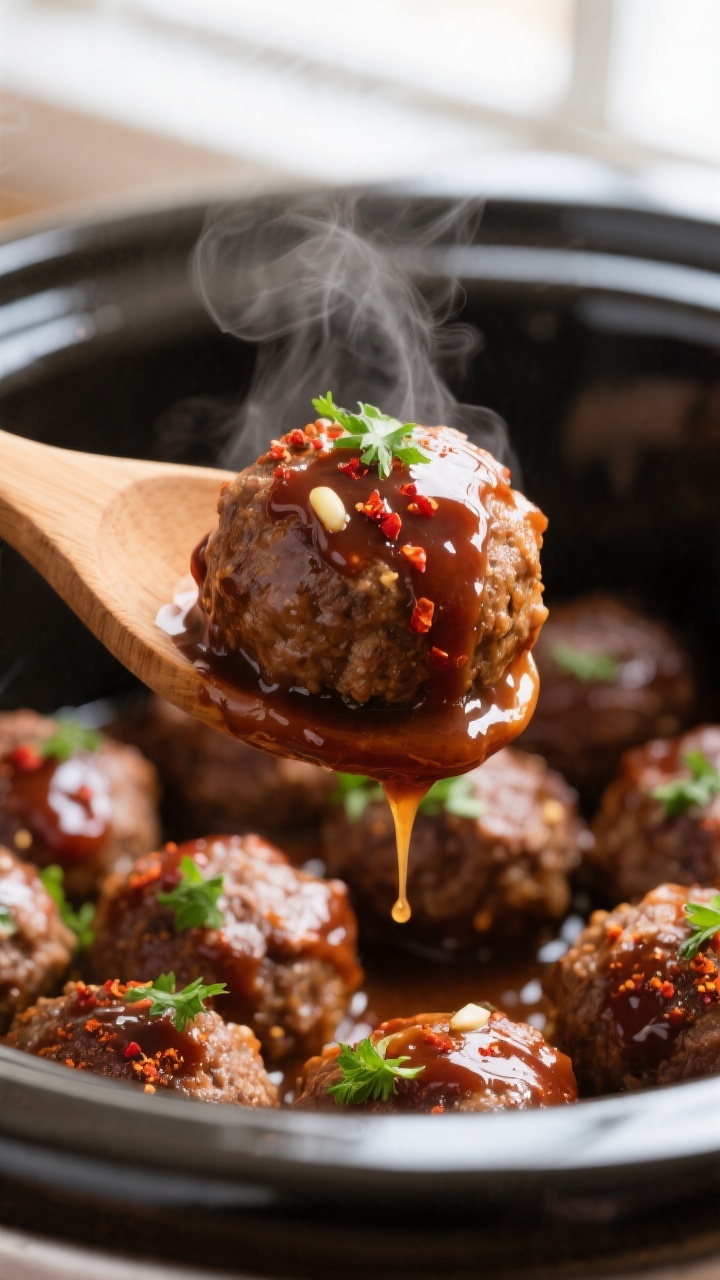 Close-up detail: Glazed crockpot BBQ meatballs just after slow-cooking, coated in a glossy sweet-tan