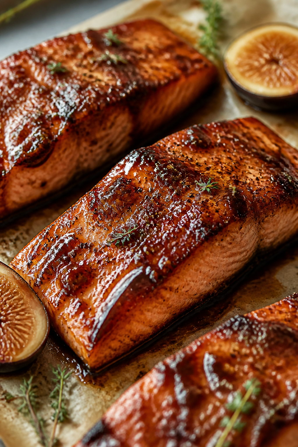 Close-up detail: Glazed fig balsamic salmon just out of the oven under a brief broil, showing a glos