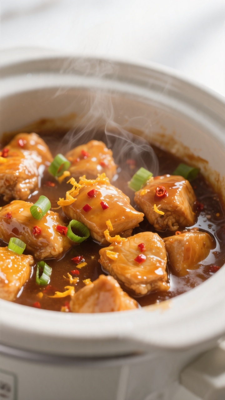 Close-up detail: Glazed orange chicken cubes just after thickening in the slow cooker, sauce glossy 