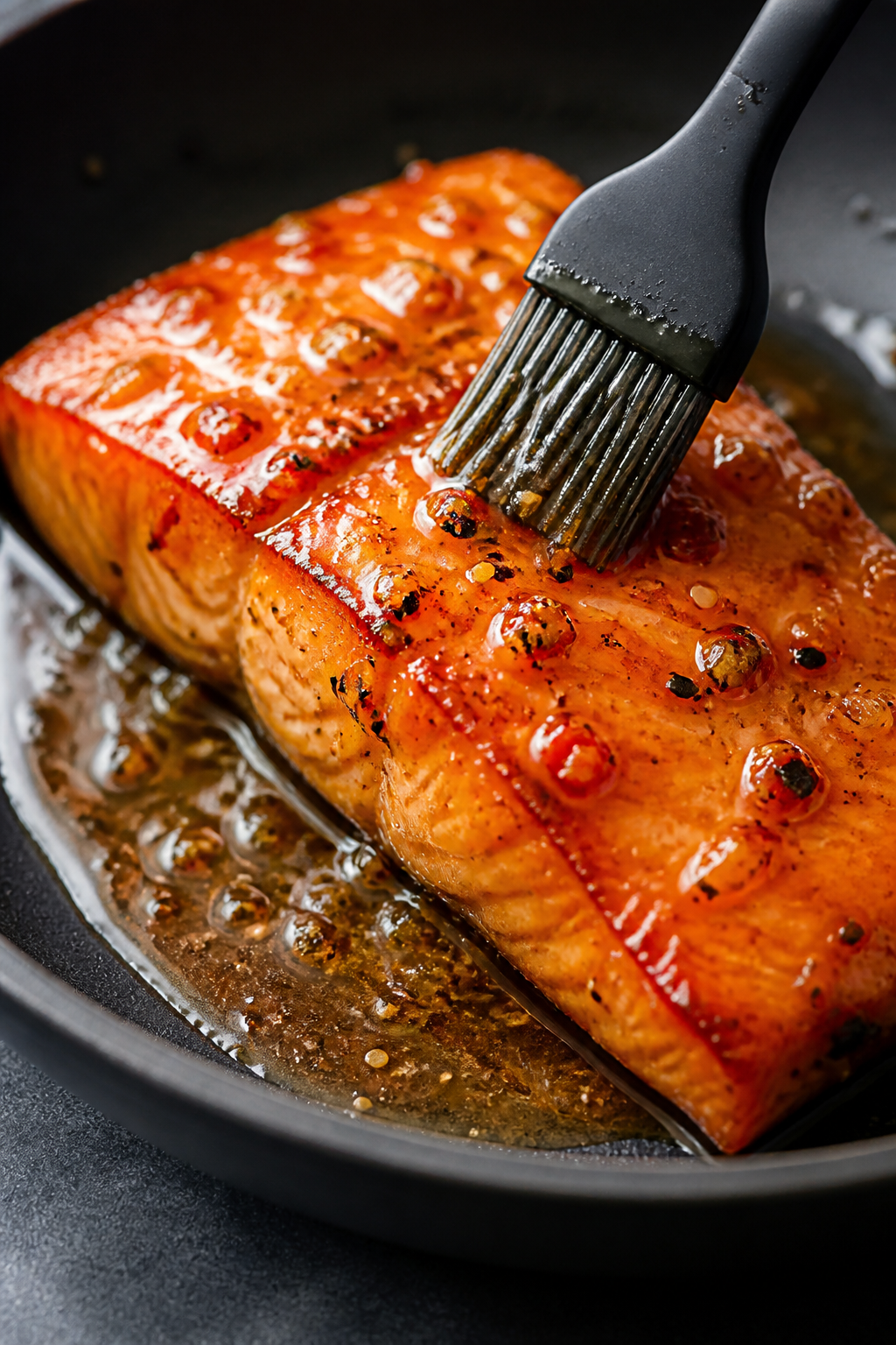 Close-up detail: Glazed salmon fillet in a skillet, mid-baste, with a glossy apricot-ginger lacquer