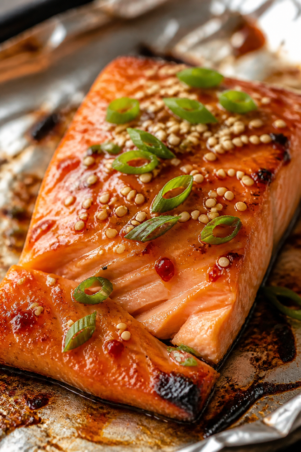 Close-up detail: Glazed salmon fillet just out of the oven at 400°F, second coat of sweet Thai chil