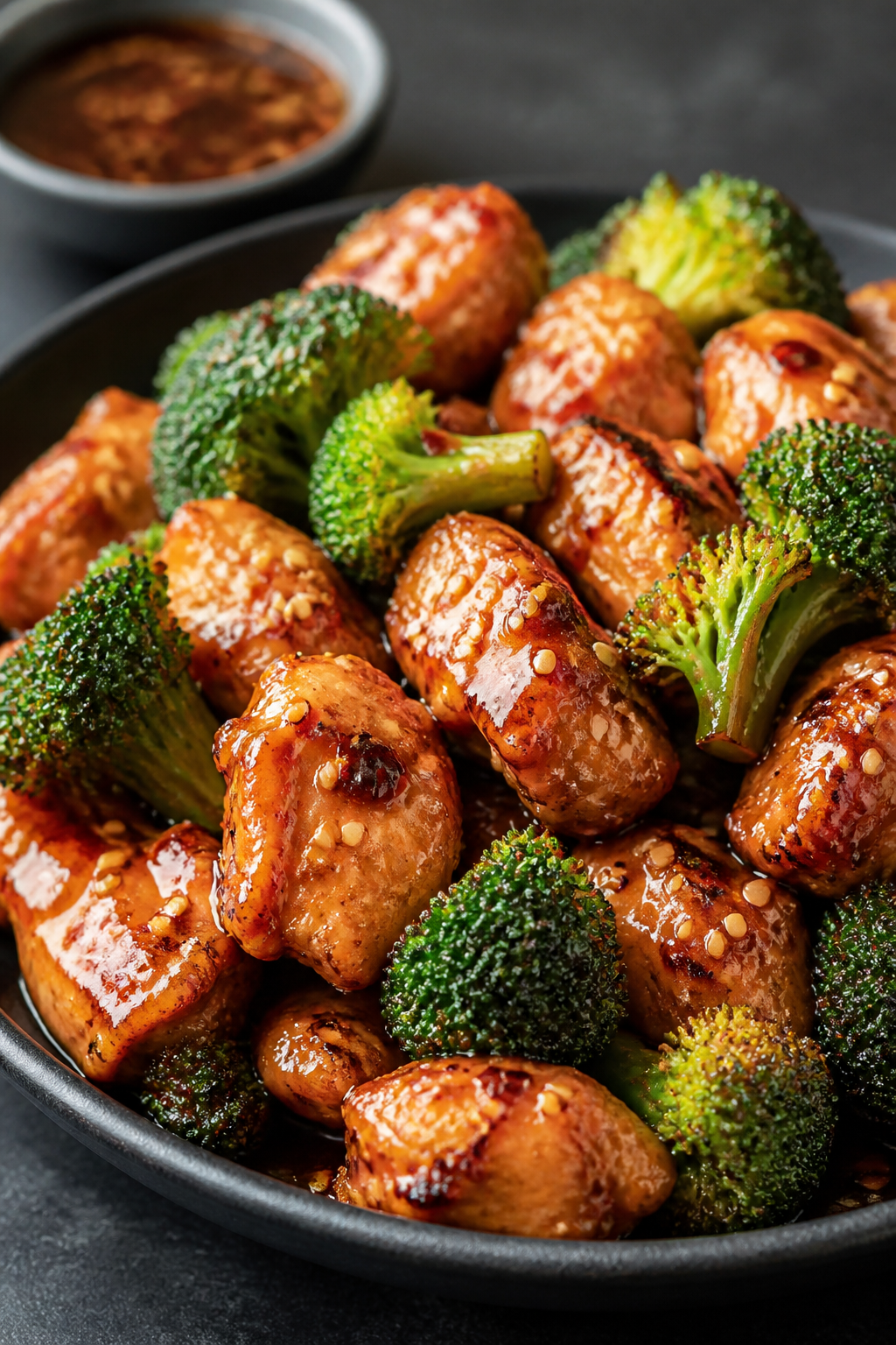 Close-up detail: Glossy air-fried chicken bites and crisp-tender broccoli just out of the basket, ed
