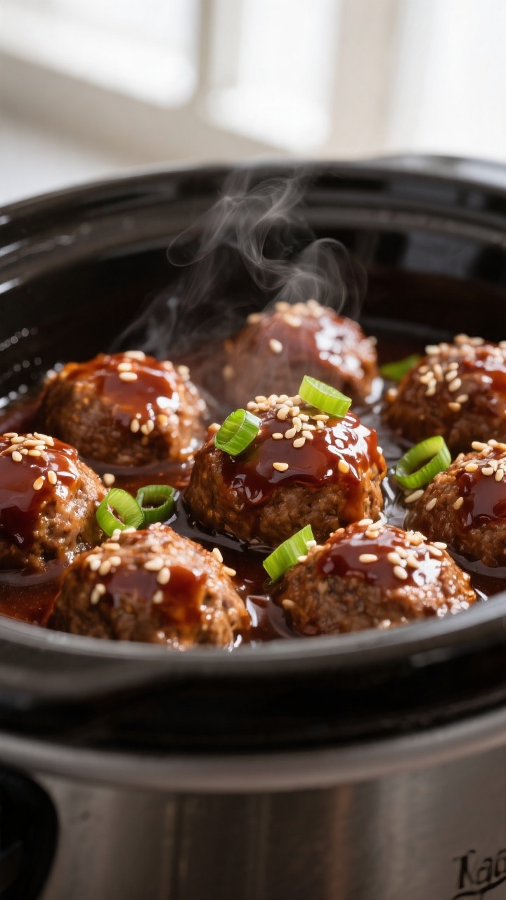 Close-up detail: Glossy crockpot teriyaki turkey meatballs simmering in a slow cooker, sauce thicken