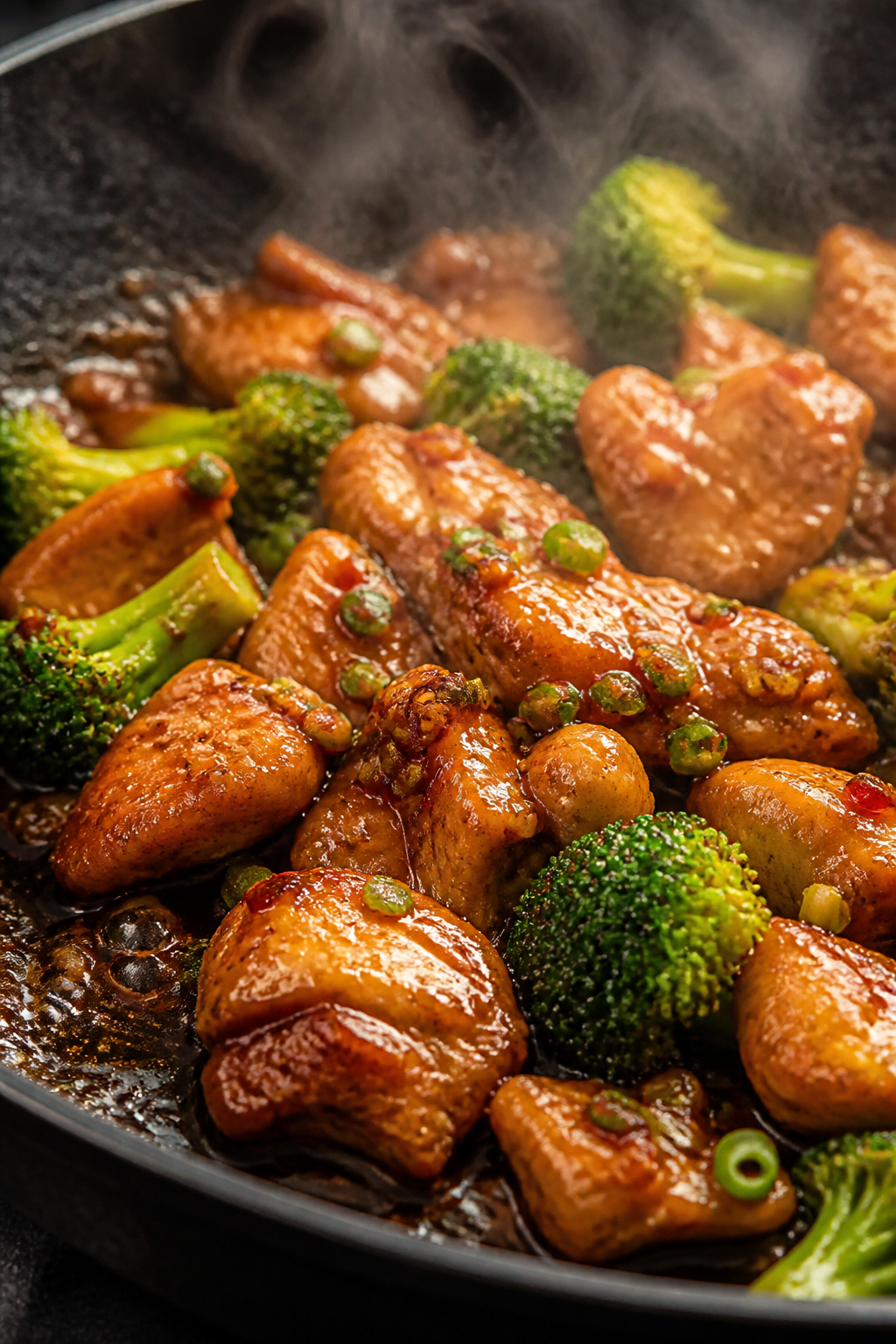 Close-up detail: Glossy honey garlic chicken pieces sizzling in a skillet as the sauce thickens, wit