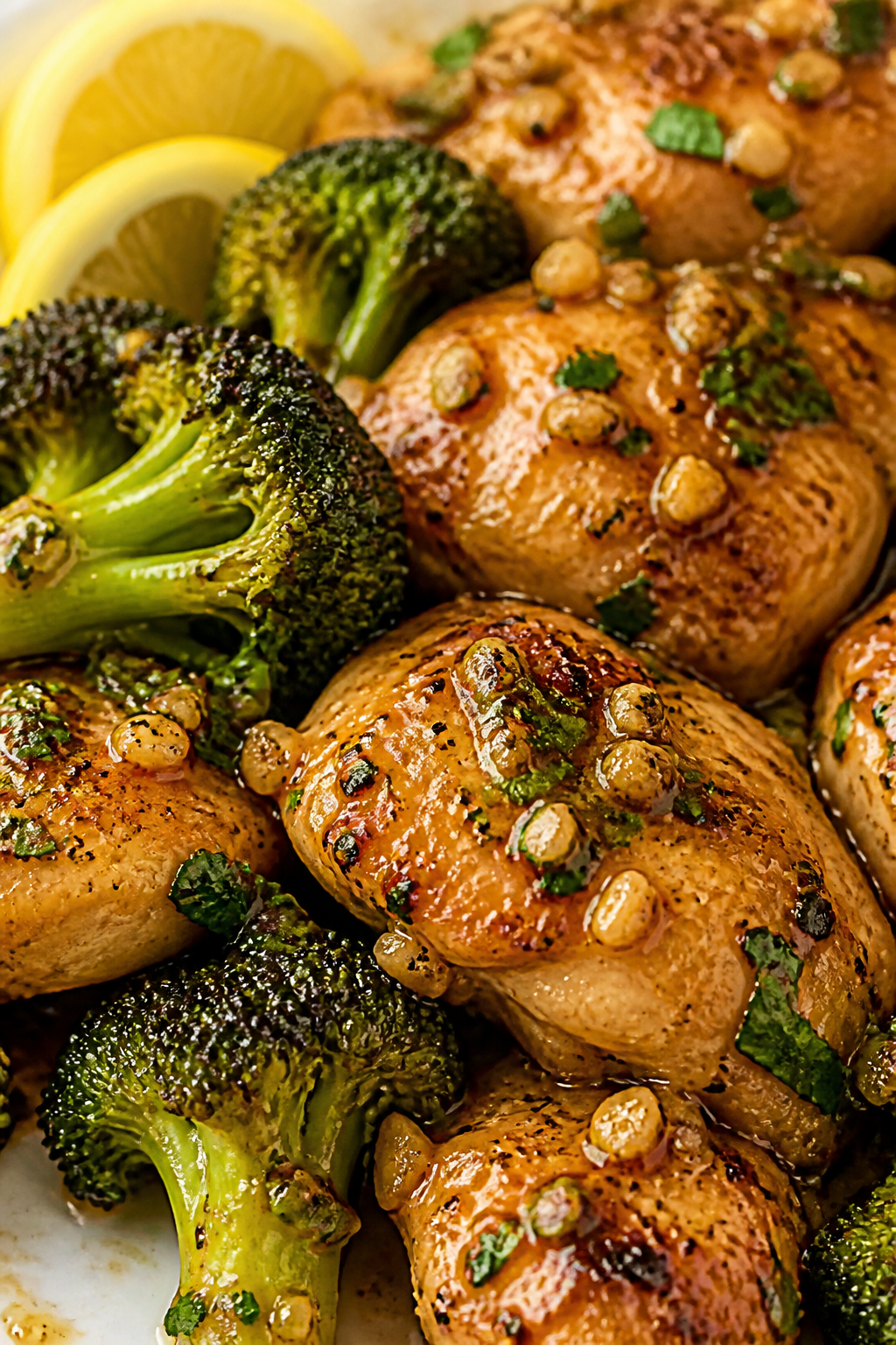 Close-up detail: Glossy lemon-garlic glaze clinging to juicy chicken pieces and crisp-tender broccol