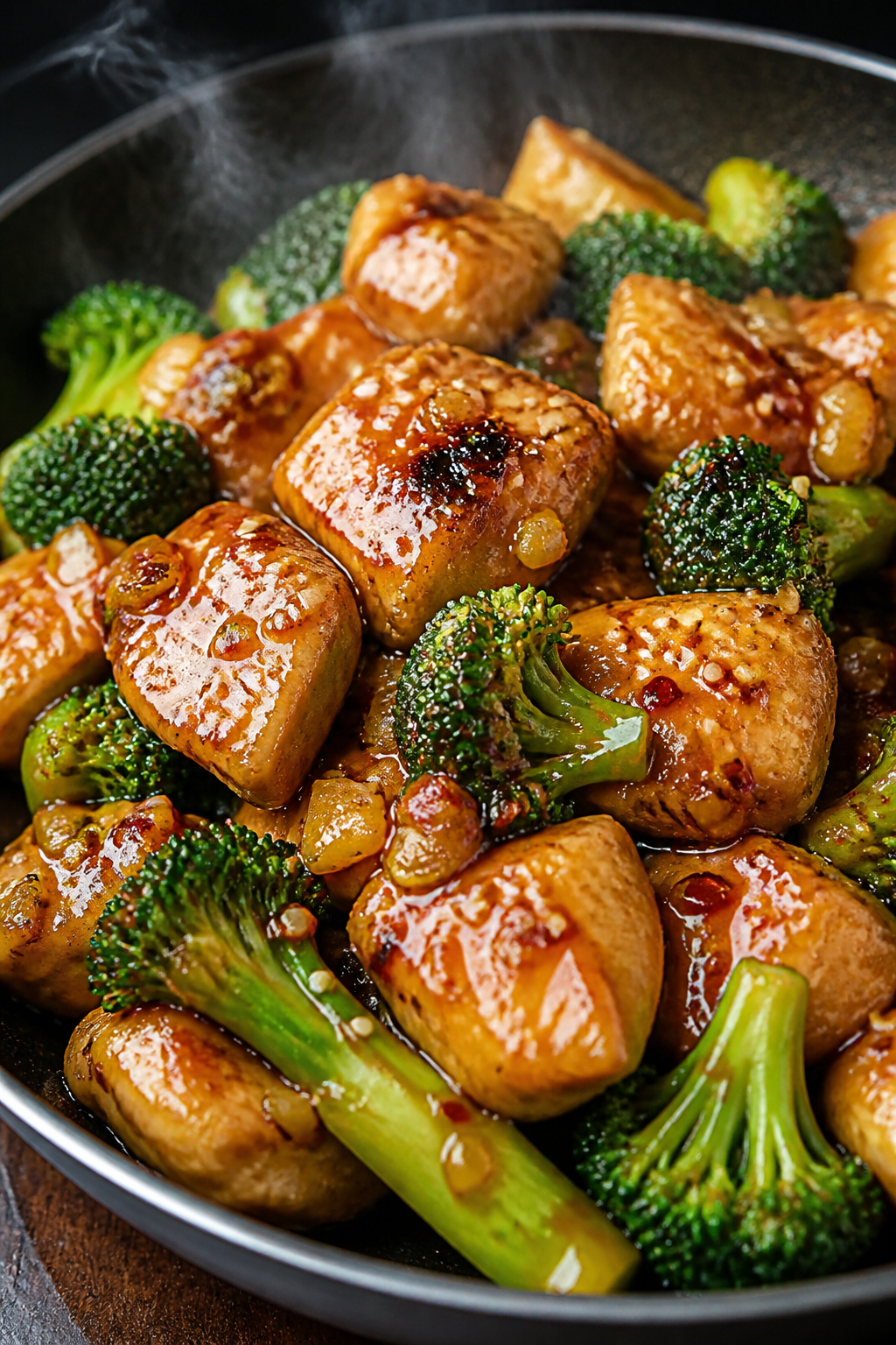 Close-up detail: Glossy sesame sauce clinging to golden-brown seared chicken bites and crisp-tender 