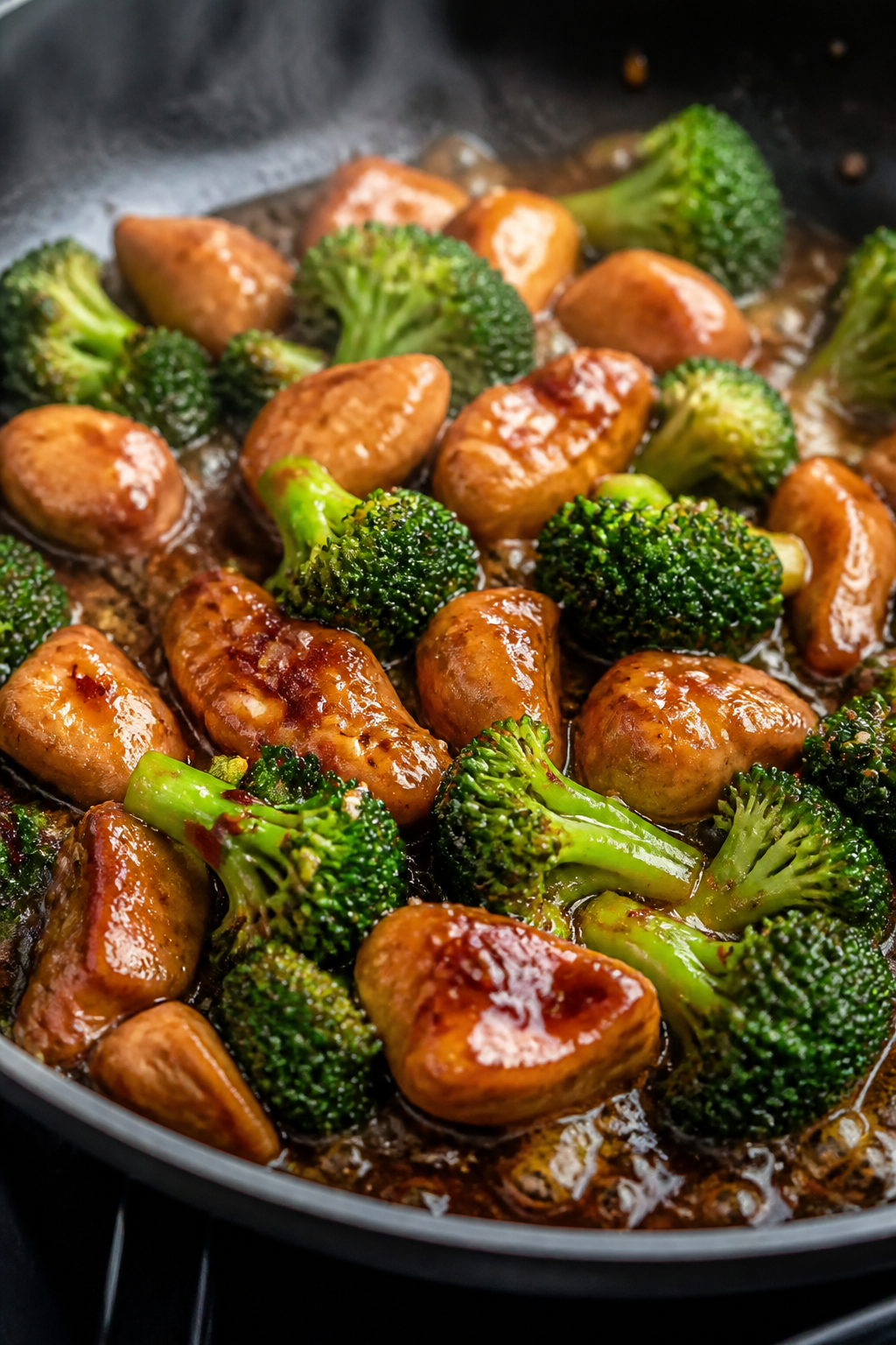 Close-up detail: Glossy teriyaki chicken and crisp-tender broccoli sizzling in a wide skillet during