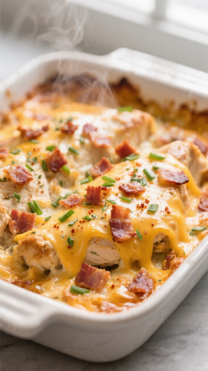 Close-up detail: Golden-baked Crack Chicken just out of the oven, showing melty sharp cheddar bubbli