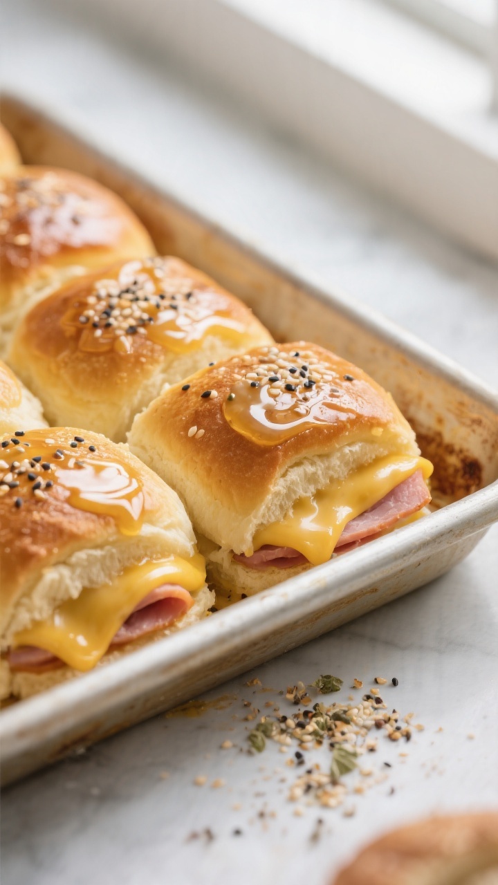 Close-up detail: Golden-baked Hawaiian roll sliders just out of the oven, tops brushed with glossy D