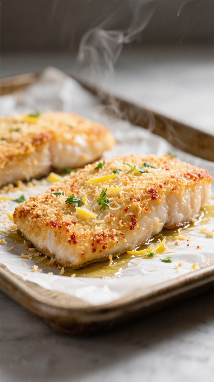 Close-up detail: Golden-baked Parmesan crust on tilapia just out of the oven, crust-side up on a par