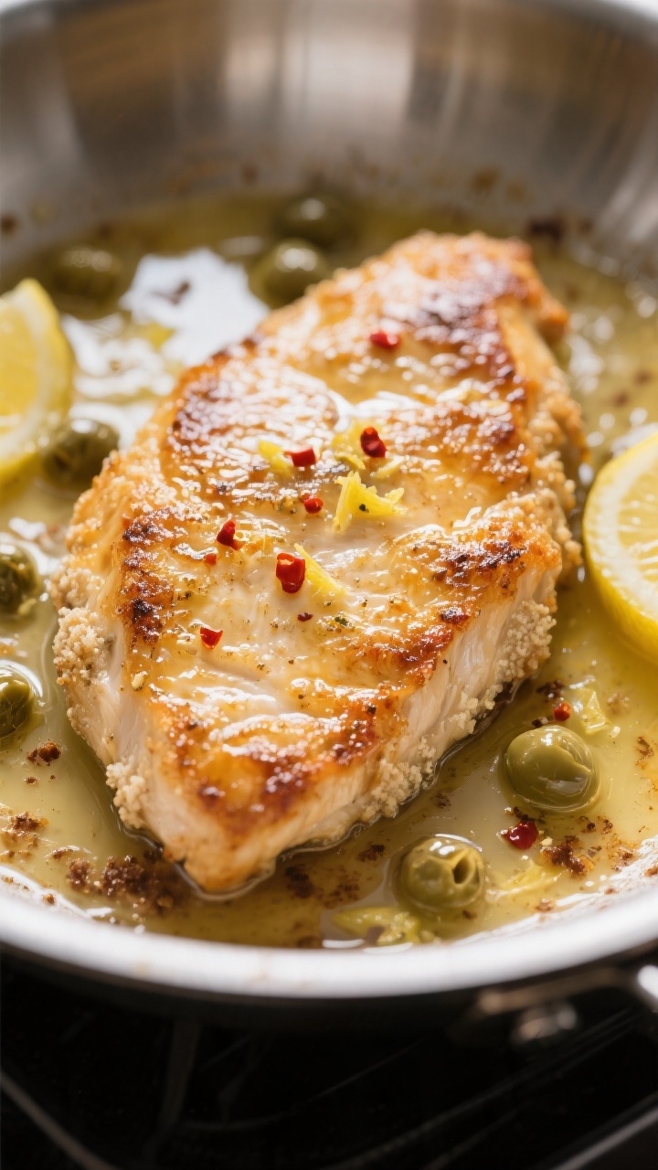 Close-up detail: Golden-brown chicken piccata cutlet just after searing, glistening with glossy lemo