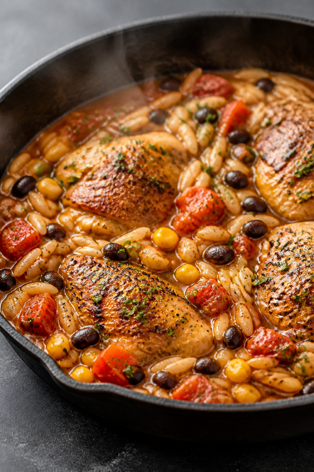 Close-up detail: Golden-browned chicken and toasted orzo nestled in a simmering tomato-broth with bl
