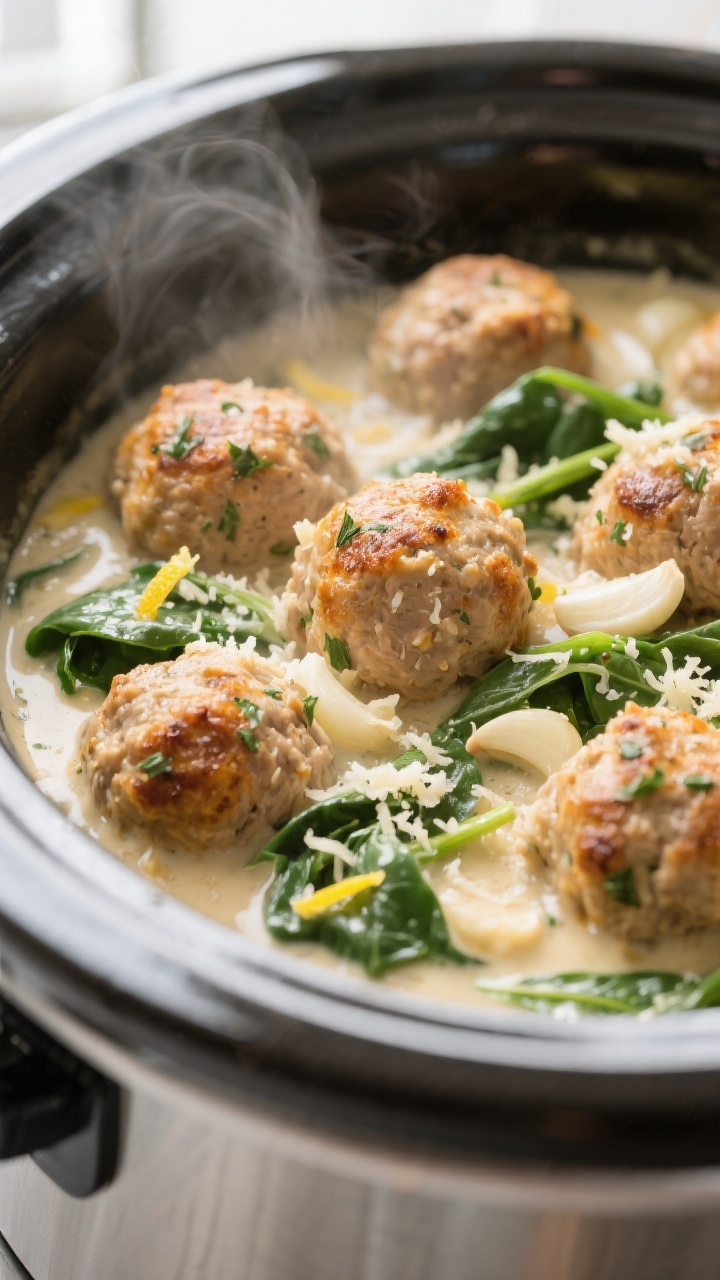 Close-up detail: Golden-browned turkey meatballs nestled in a creamy garlic-Parmesan sauce inside a 
