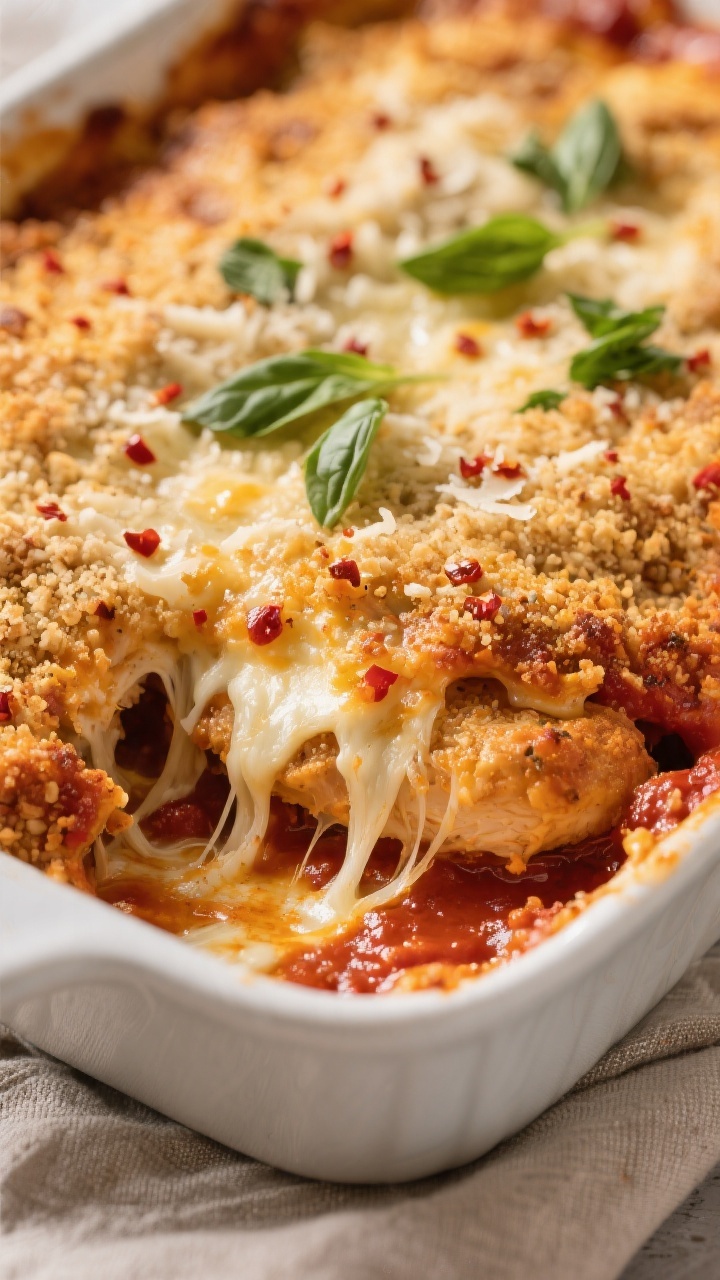 Close-up detail: Golden, bubbling Chicken Parmesan Casserole just out of the oven, showing a crisp, 