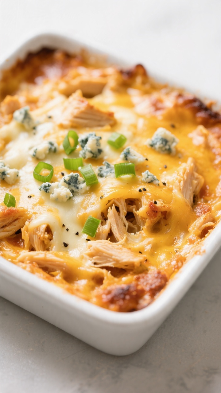 Close-up detail: Golden, bubbly buffalo chicken dip just out of the oven in a small 8x8 white baking