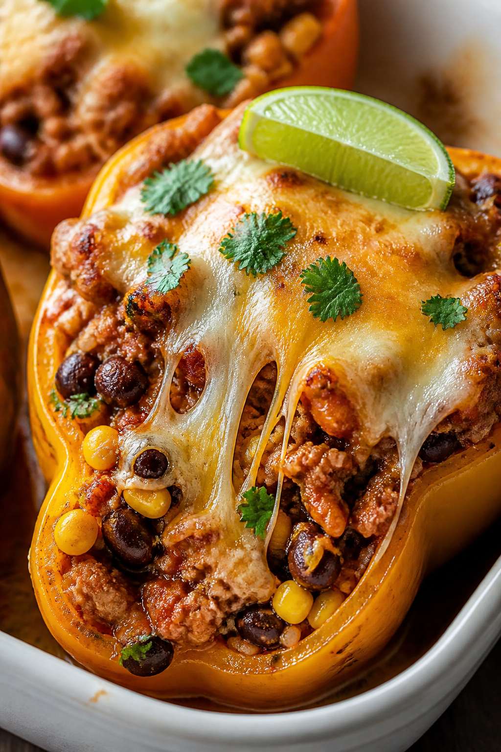 Close-up detail: Golden, bubbly cheese-topped taco stuffed pepper just out of the oven, showing melt