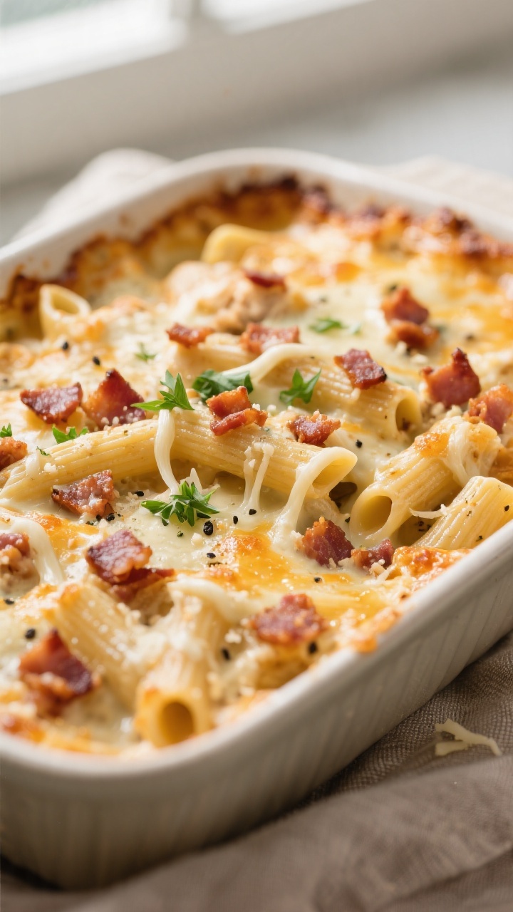 Close-up detail: Golden, bubbly Chicken Bacon Ranch Pasta Bake just out of the oven, with crisp baco