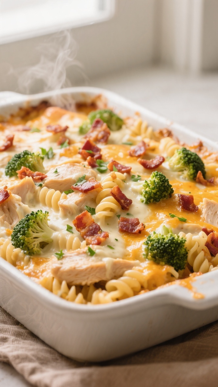 Close-up detail: Golden, bubbly Chicken Bacon Ranch Casserole just out of the oven, edges lightly ca