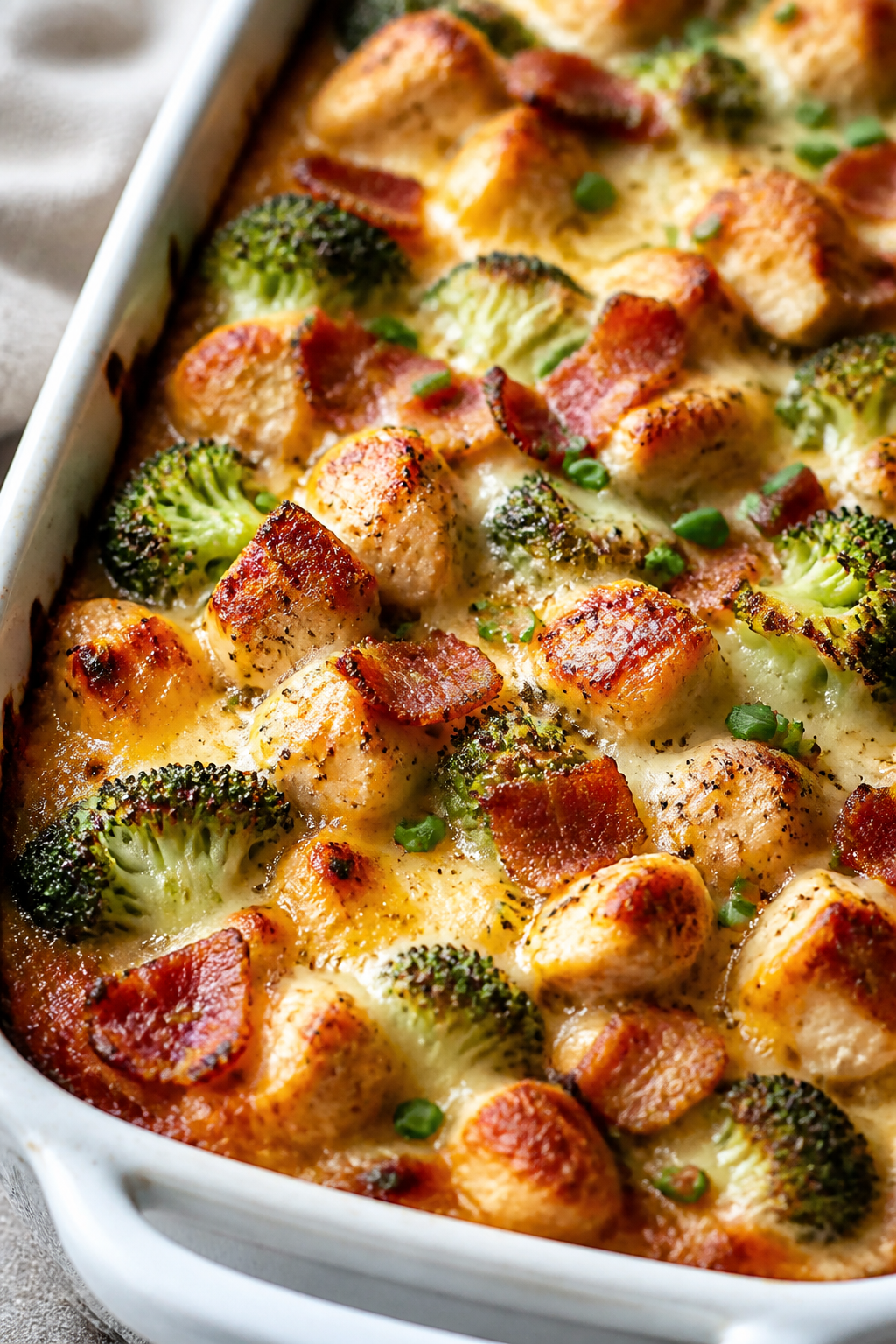 Close-up detail: Golden, bubbly Chicken Broccoli Bacon Ranch Bake just out of the oven, cheese melte