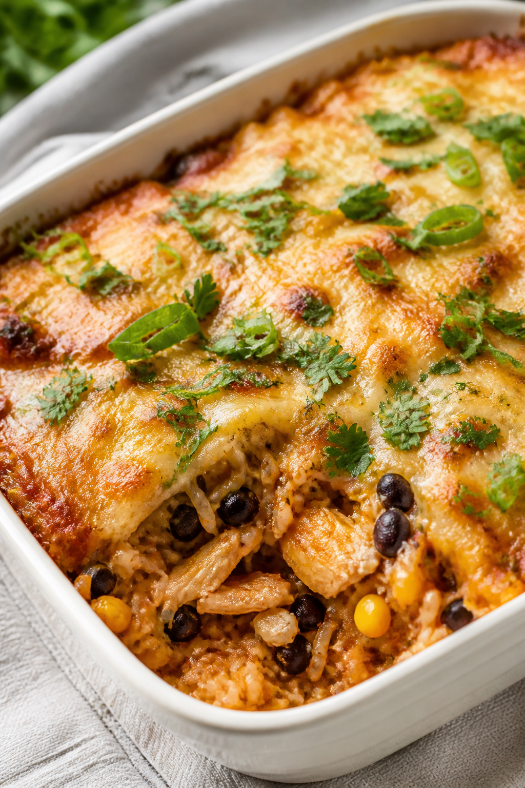 Close-up detail: Golden, bubbly Healthy Chicken Enchilada Rice Bake just out of the oven, cheese mel