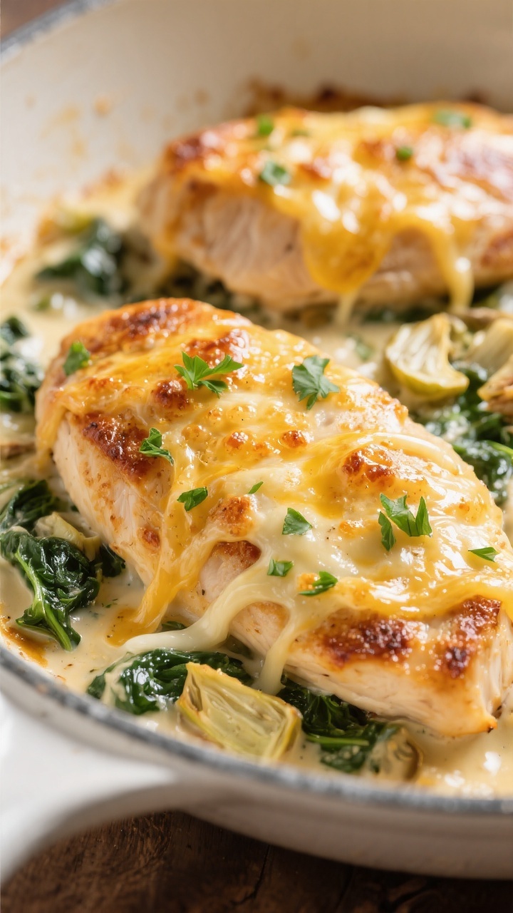 Close-up detail: Golden-bubbly spinach artichoke topping melting over juicy baked chicken breasts st