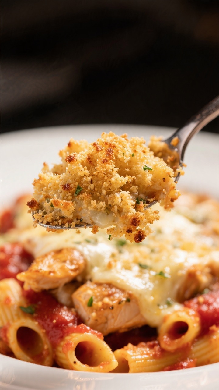 Close-up detail: Golden, buttery toasted Italian-seasoned breadcrumbs just after toasting, spooned o