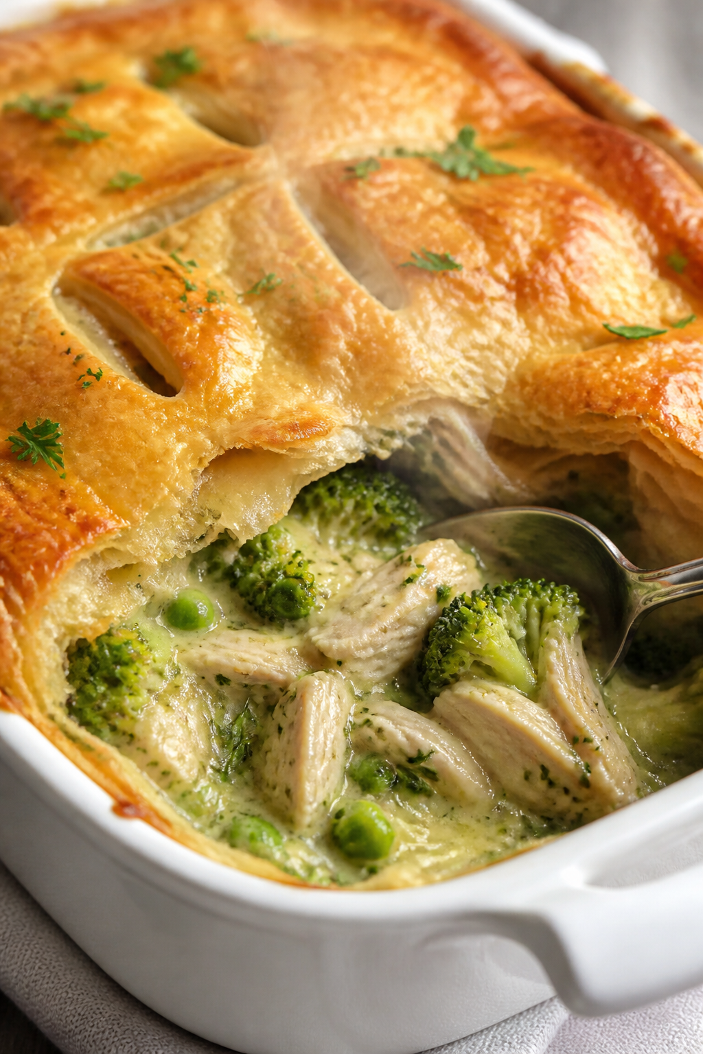 Close-up detail: Golden, deeply puffed puff pastry crust just out of the oven, with a few clean vent