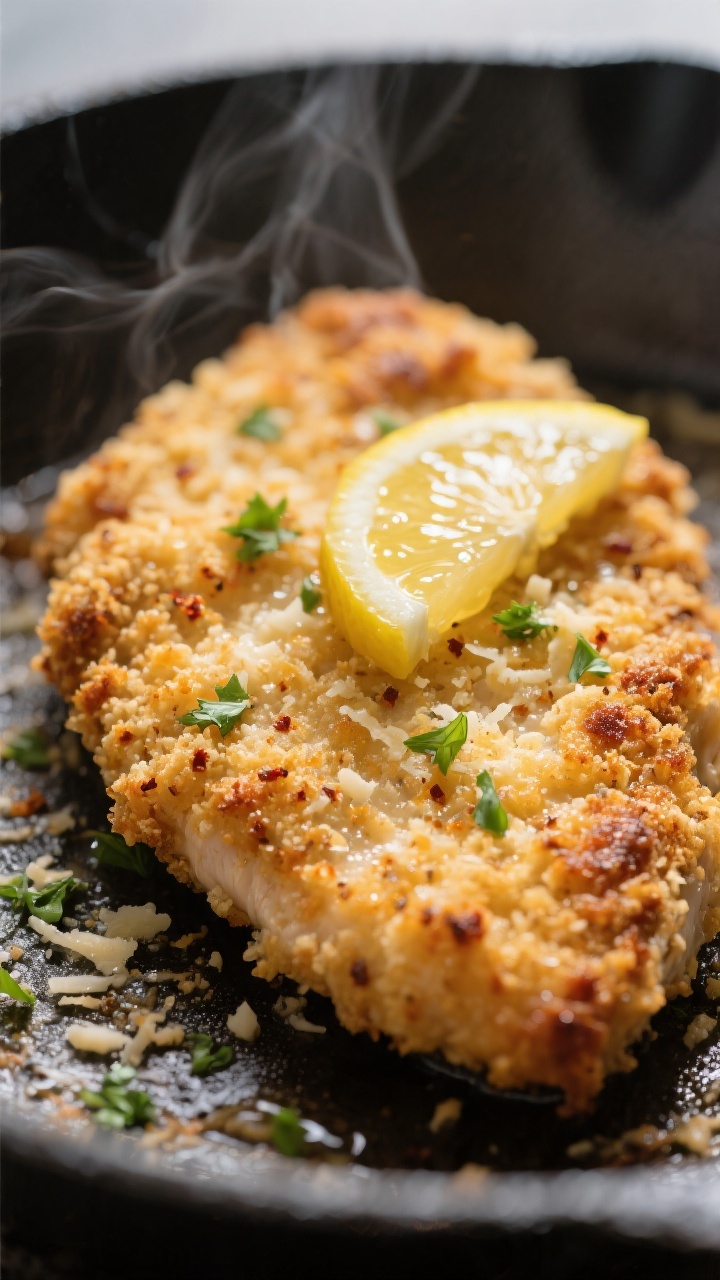 Close-up detail: Golden, garlic-Parmesan crusted chicken cutlet just out of the oven, ultra-crispy p