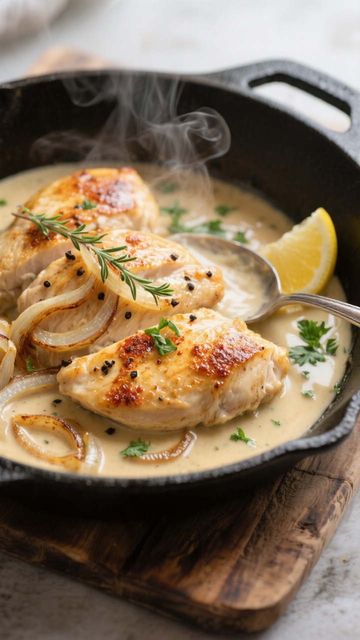 Close-up detail: Golden, pan-seared chicken breasts nestled in a silky onion-thyme cream gravy, high