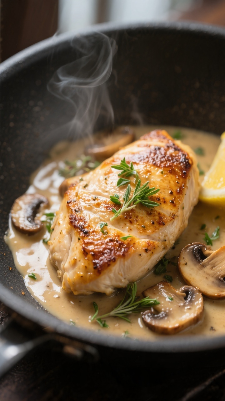 Close-up detail: Golden, pan-seared chicken breast nestled in a glossy creamy mushroom sauce, showin
