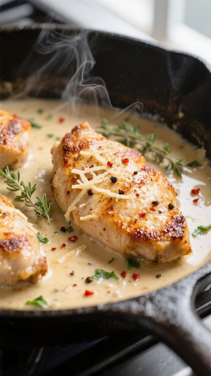Close-up detail: Golden pan-seared chicken cutlets in a skillet, edges deeply caramelized from fond,
