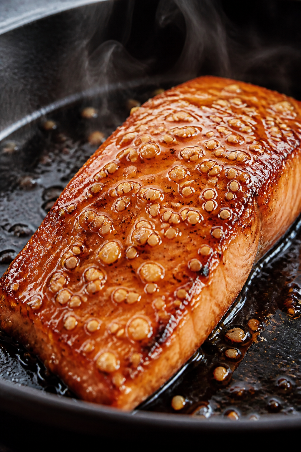 Close-up detail: Golden, pan-seared Garlic Sesame Salmon fillet just flipped in a cast-iron skillet,