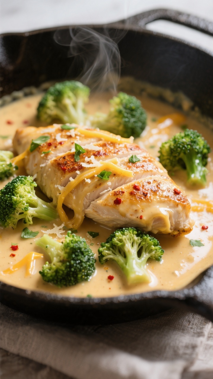 Close-up detail: Golden-seared chicken breast nestled in a silky cheddar cream sauce, broccoli flore