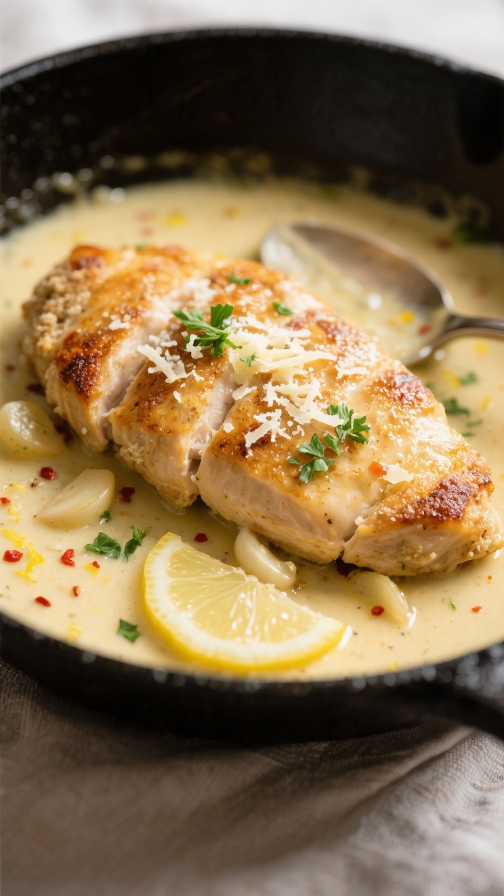 Close-up detail: Golden seared chicken cutlet nestled in a creamy lemon-garlic pan sauce, sauce visi