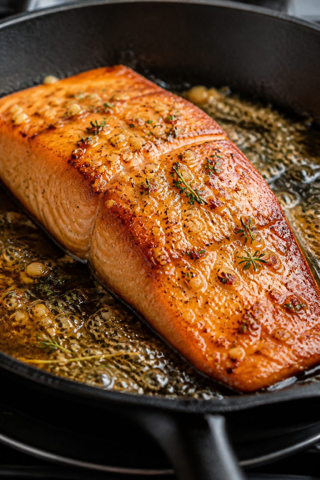Close-up detail: Golden-seared salmon fillet in a cast-iron skillet, presentation side up, edges car