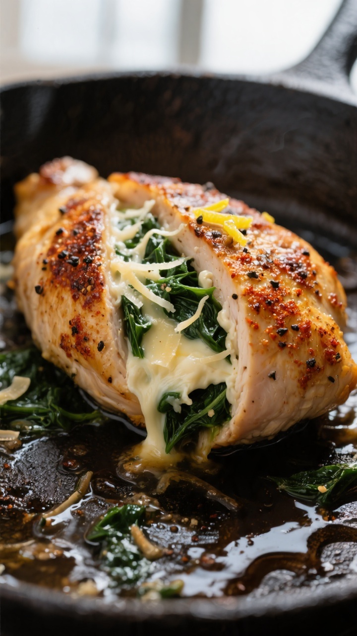 Close-up detail: Golden-seared spinach-stuffed chicken breast in a cast-iron skillet just after sear