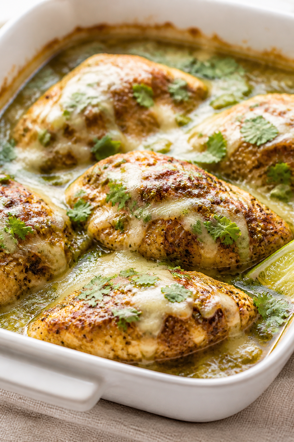 Close-up detail: Golden, spice-rubbed salsa verde chicken just out of the oven, cheese melted into t