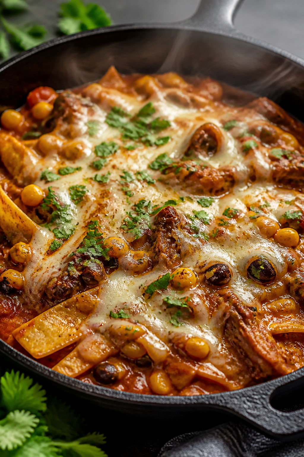 Close-up detail: Gooey melted Monterey Jack blanketing a simmering beef enchilada skillet in cast ir