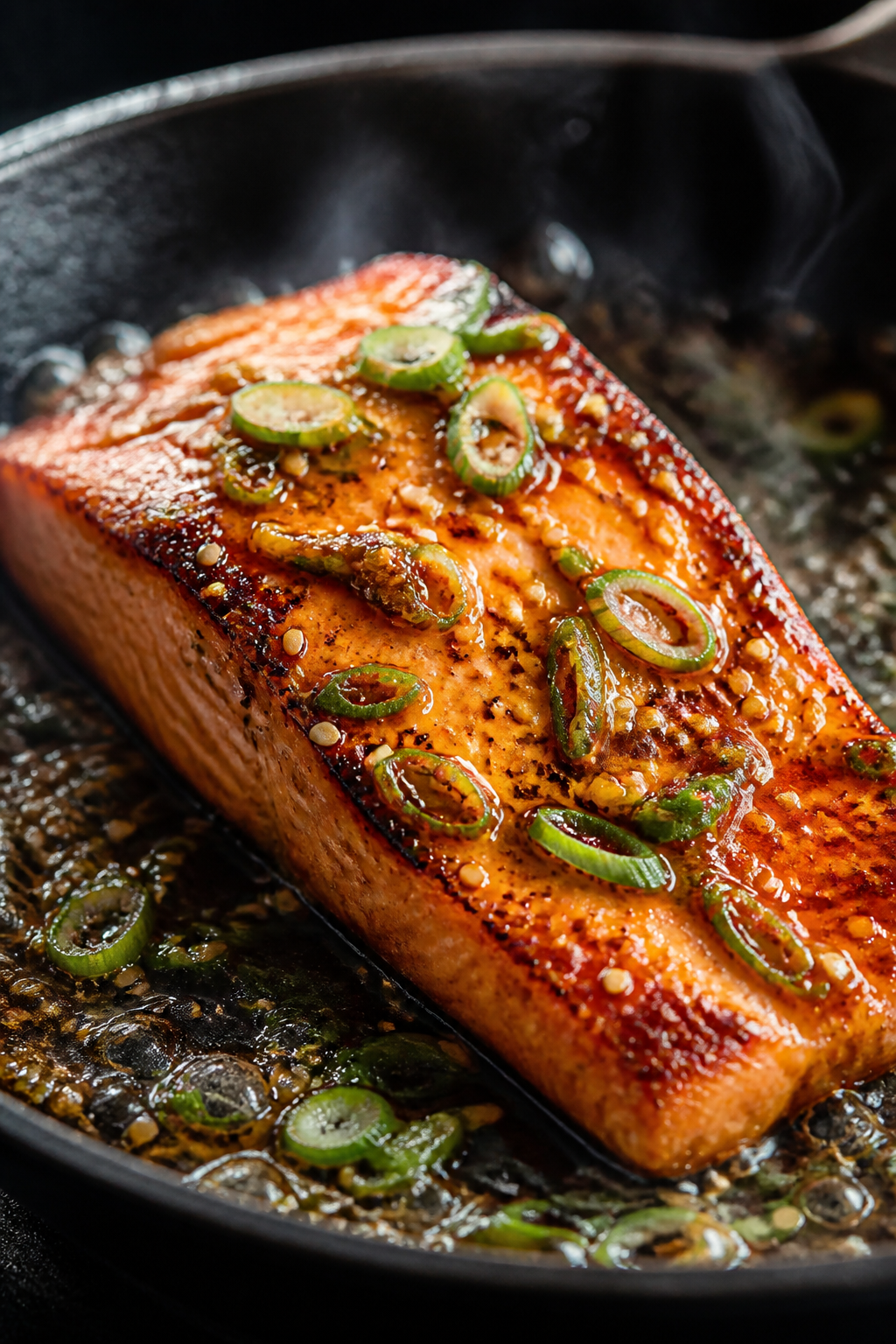 Close-up detail: Hibachi-style salmon fillet mid-baste in a cast-iron skillet, golden seared crust w