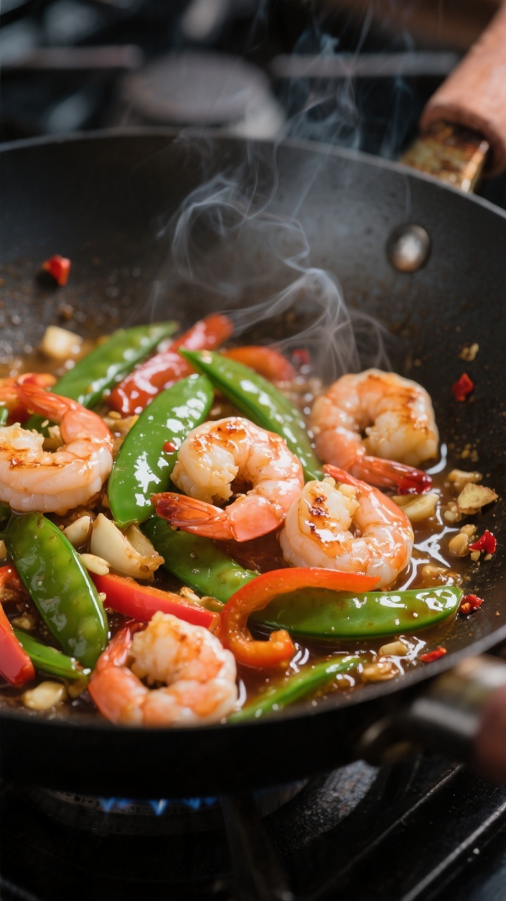 Close-up detail: Honey garlic shrimp sizzling in a wok at high heat, shrimp just turned pink and opa