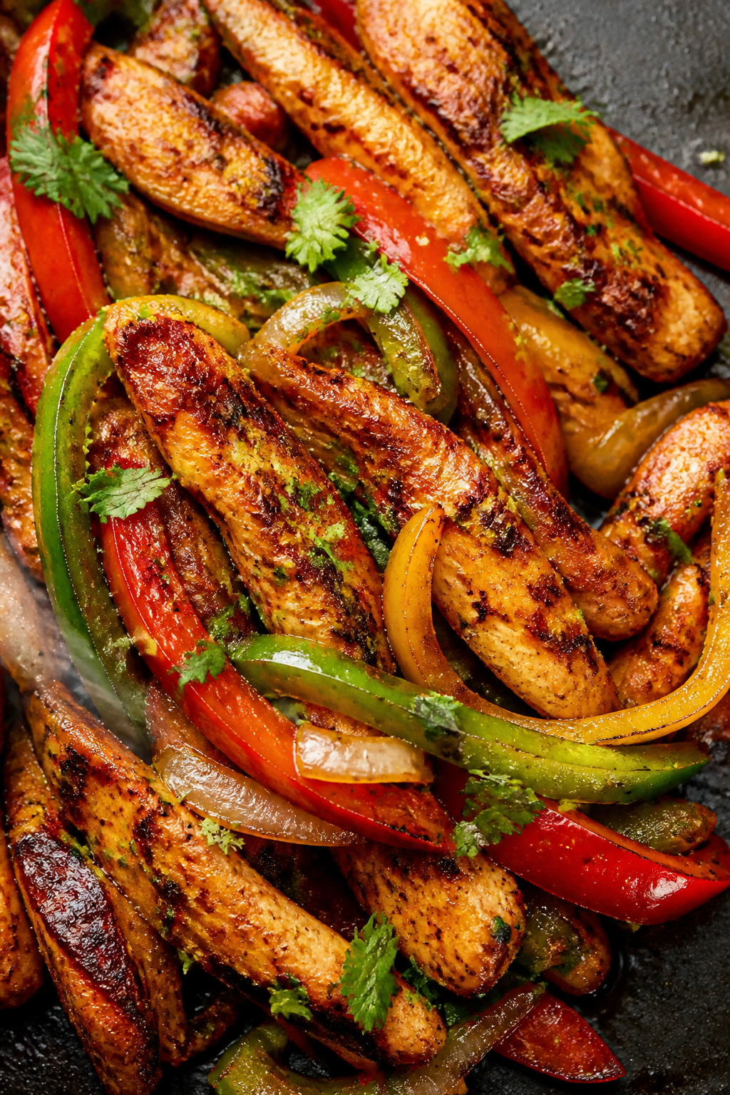 Close-up detail, juicy fajita filling: Tight macro of sizzling cooked chicken and peppers just after