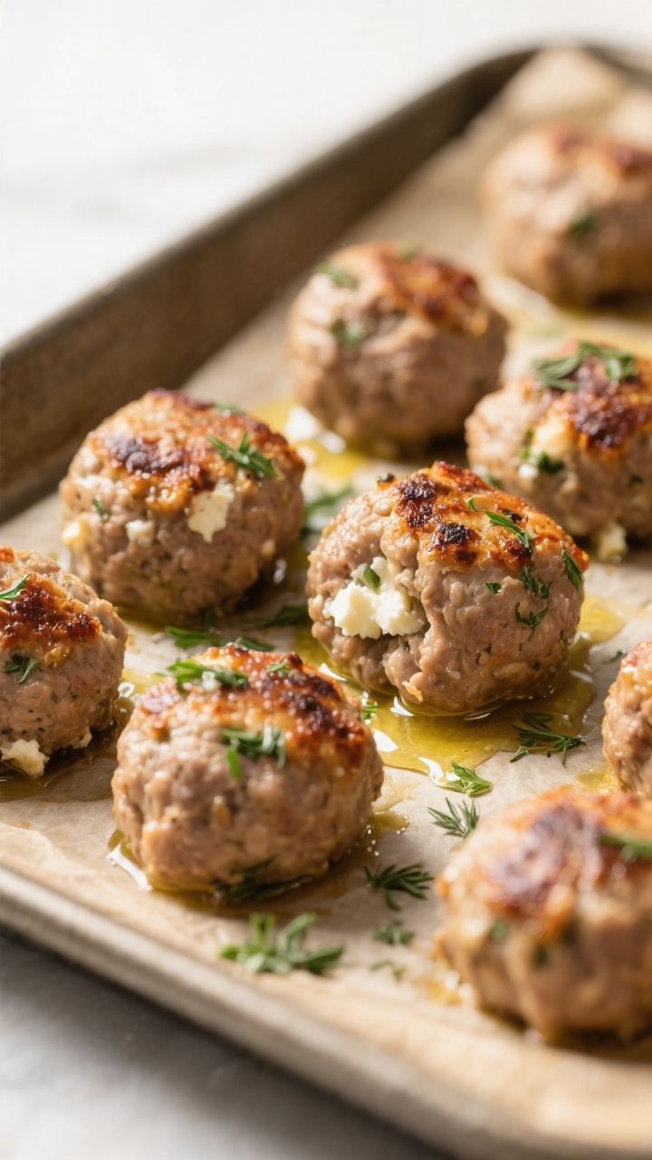 Close-up detail: Juicy Greek turkey meatballs just out of the oven on a parchment-lined sheet pan, l