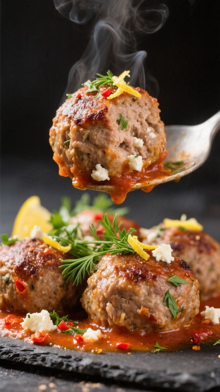 Close-up detail: Juicy Greek turkey meatballs just lifted from the slow cooker, glistening in a rich