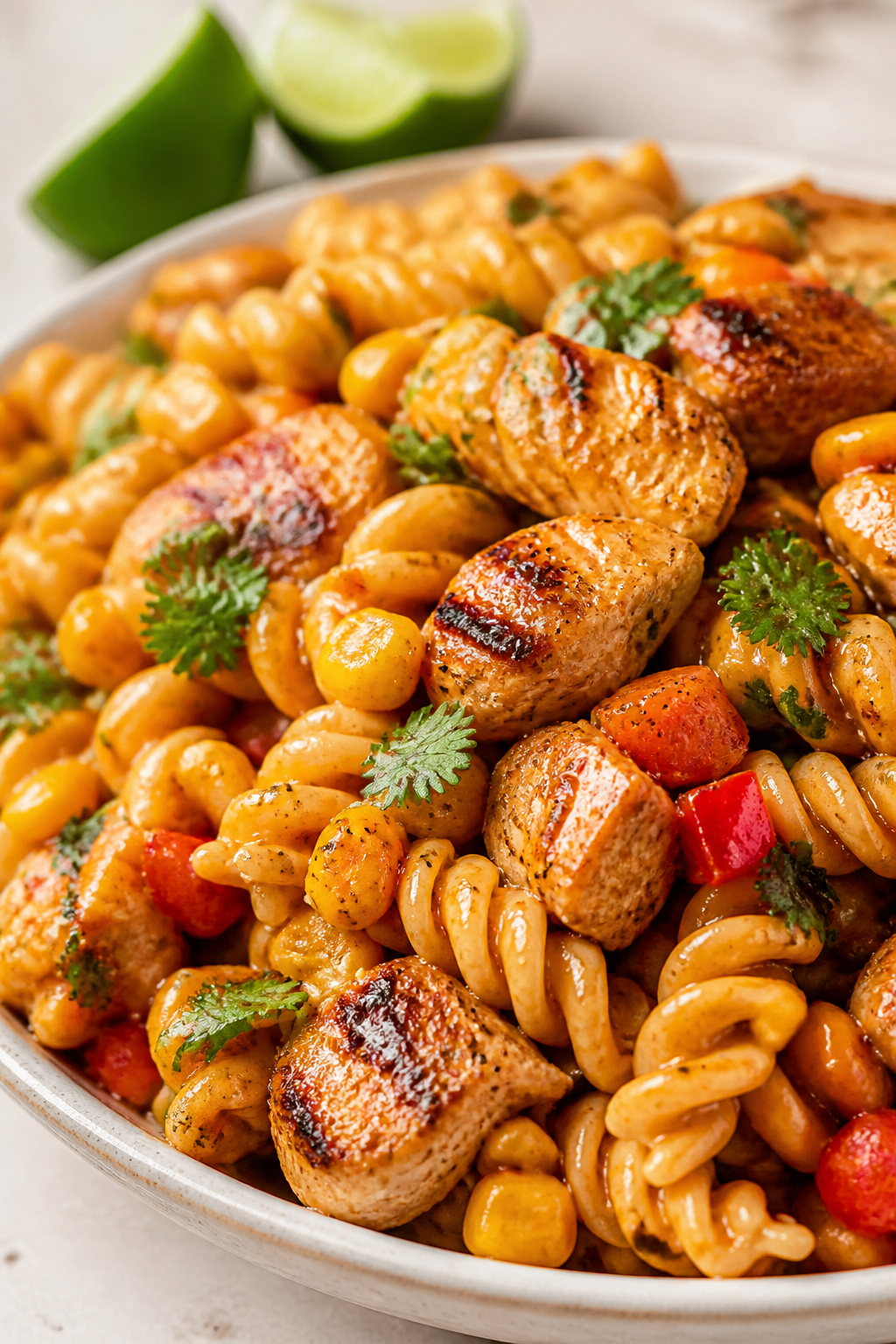 Close-up detail: Juicy grilled chicken chunks tossed in spicy honey BBQ dressing, clinging to al den