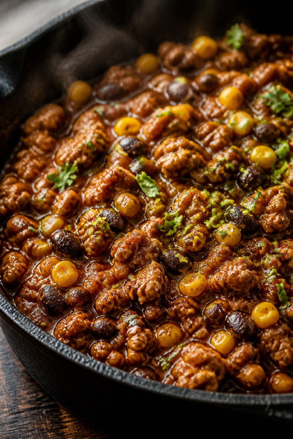 Close-up detail: Juicy ground turkey enchilada mixture simmering in a skillet, coated in glossy red 