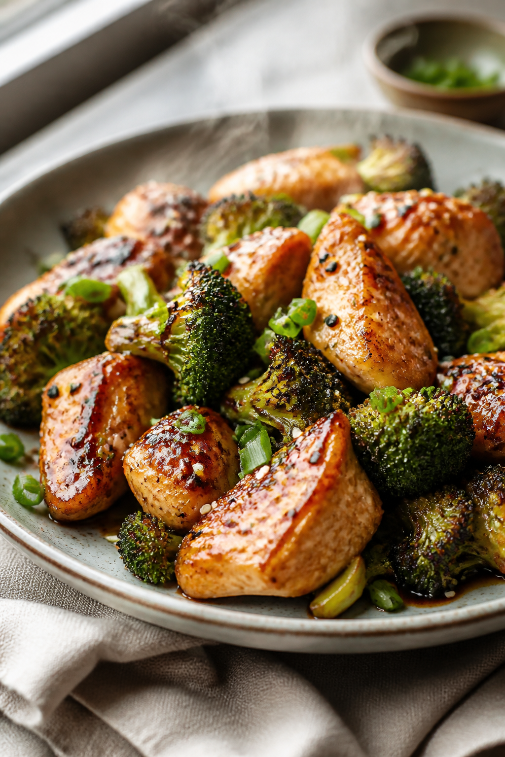 Close-up detail: Juicy seared chicken breast pieces glazed in a light soy-ginger pan sauce, nestled 
