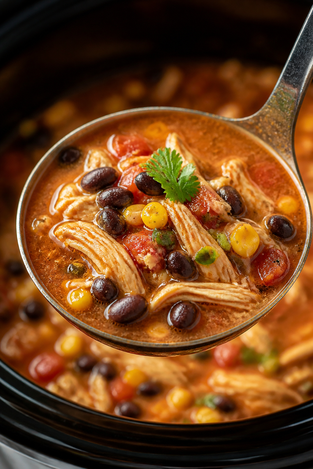 Close-up detail — Ladle lift of finished chicken taco soup: tight shot of a metal ladle hovering o