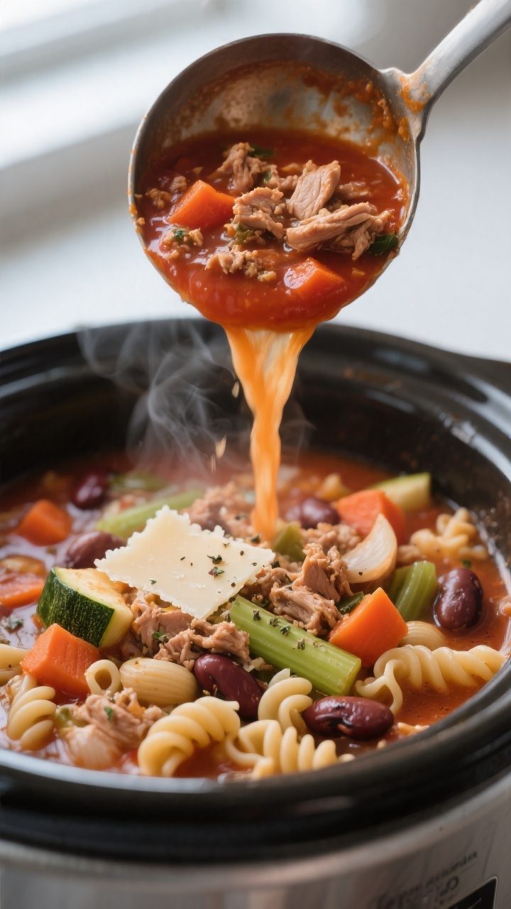 Close-up detail: Ladle pouring slow-cooked turkey minestrone from the slow cooker into a bowl, showi