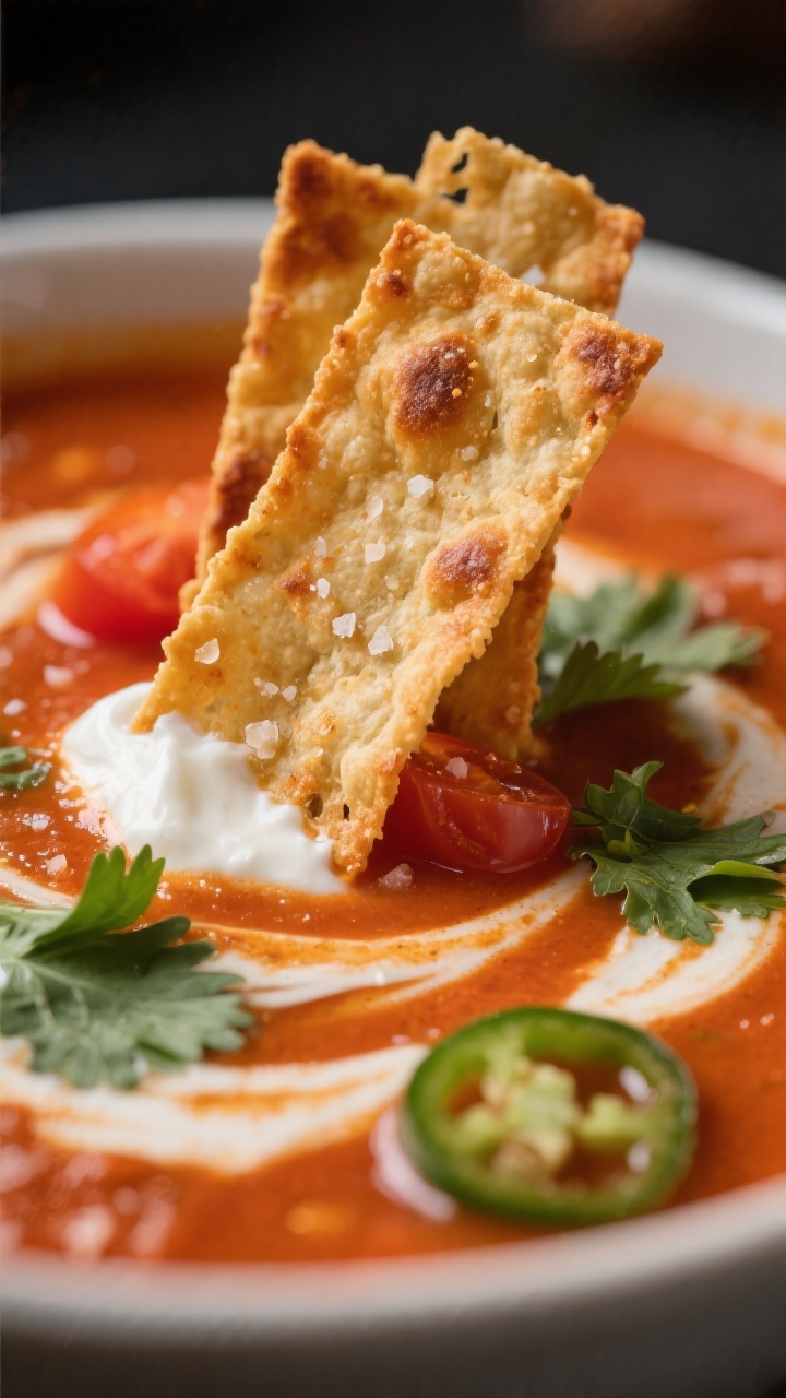 Close-up detail: Macro close-up of crunchy oven-baked tortilla strips perched over the soup surface,
