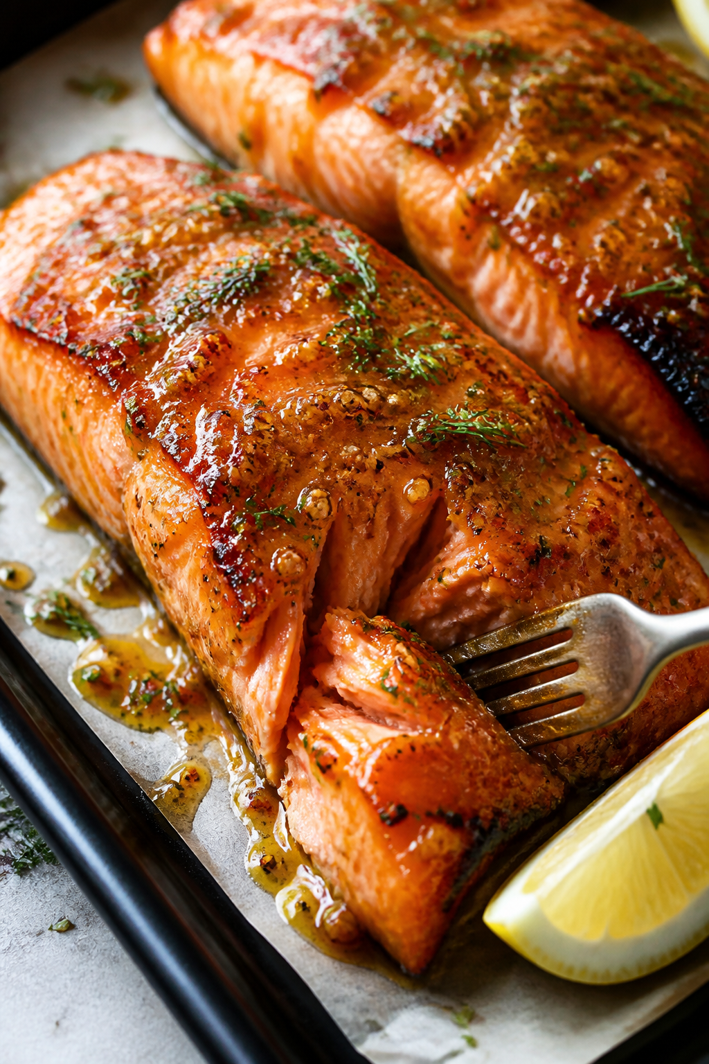 Close-up detail: Maple Dijon glazed salmon just out of the oven, surface caramelized and glossy with